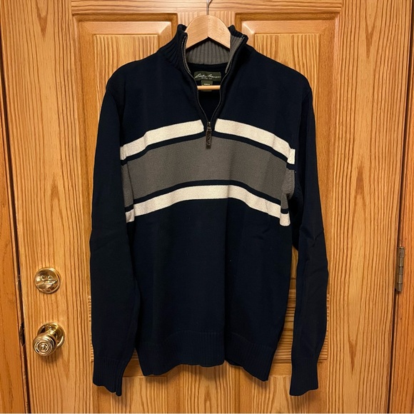 Eddie Bauer Sweater Mens Navy Blue Quarter Zip Cotton Pullover Large - Picture 4 of 6